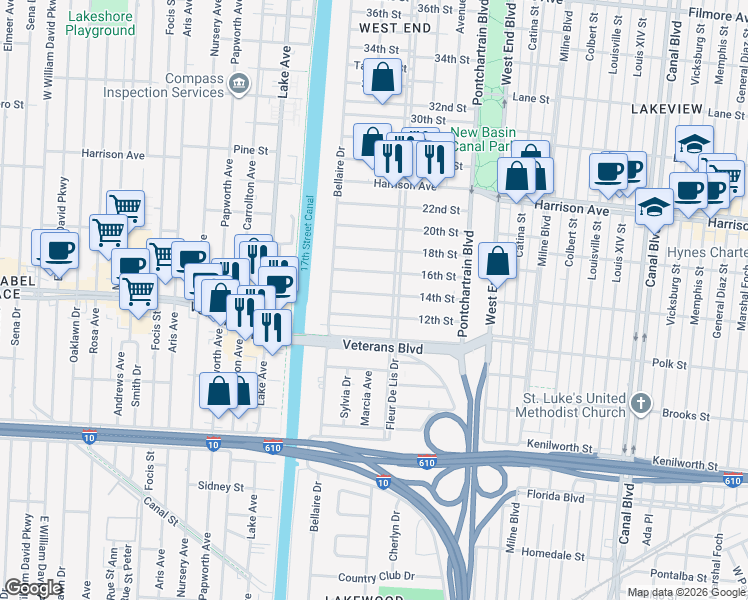 map of restaurants, bars, coffee shops, grocery stores, and more near 334 14th Street in New Orleans