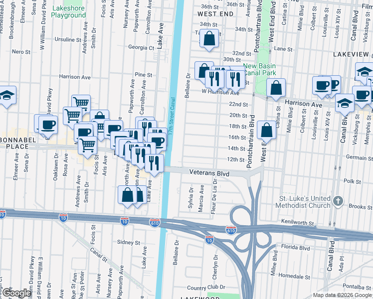 map of restaurants, bars, coffee shops, grocery stores, and more near 6057 Bellaire Drive in New Orleans
