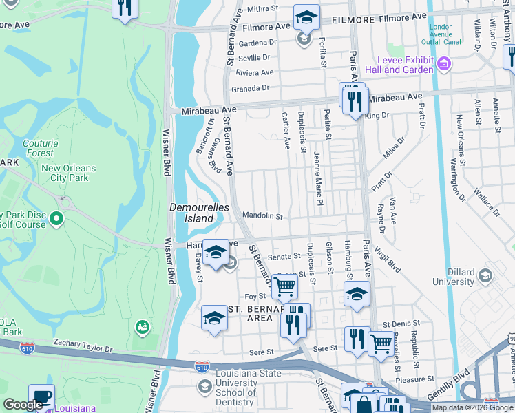map of restaurants, bars, coffee shops, grocery stores, and more near 4315 Wellington Drive in New Orleans