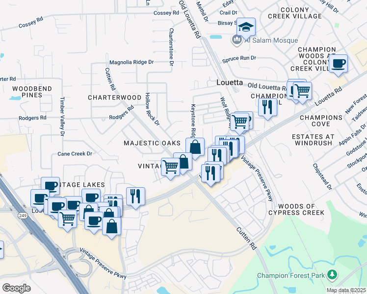 map of restaurants, bars, coffee shops, grocery stores, and more near 15814 Hollow Rock Drive in Houston