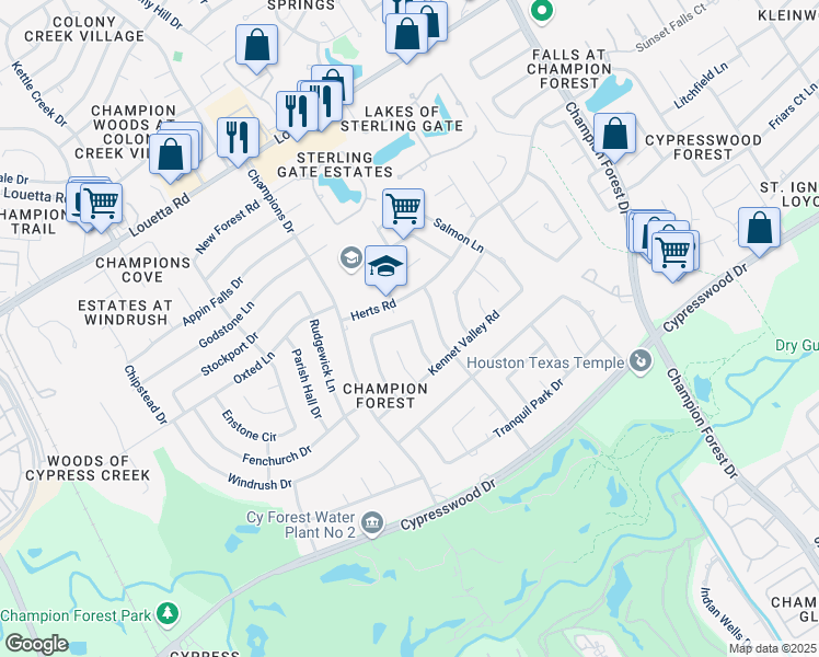 map of restaurants, bars, coffee shops, grocery stores, and more near 16211 Kempton Park Drive in Spring