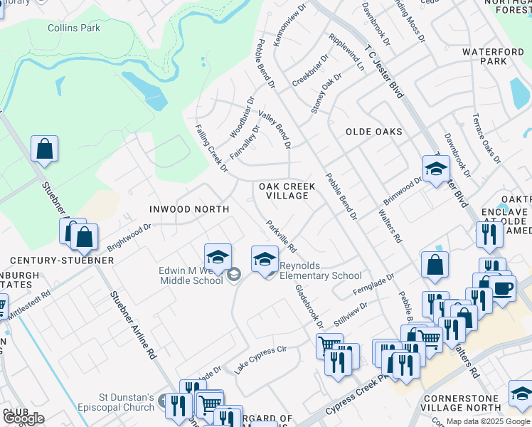 map of restaurants, bars, coffee shops, grocery stores, and more near 15238 Parkville Drive in Houston