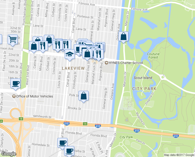 map of restaurants, bars, coffee shops, grocery stores, and more near 6140 Argonne Boulevard in New Orleans