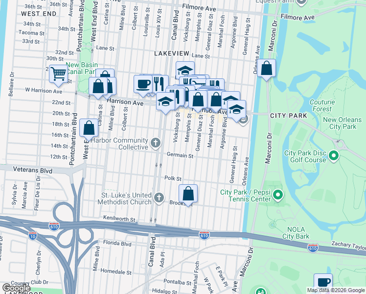 map of restaurants, bars, coffee shops, grocery stores, and more near 6126 Memphis Street in New Orleans