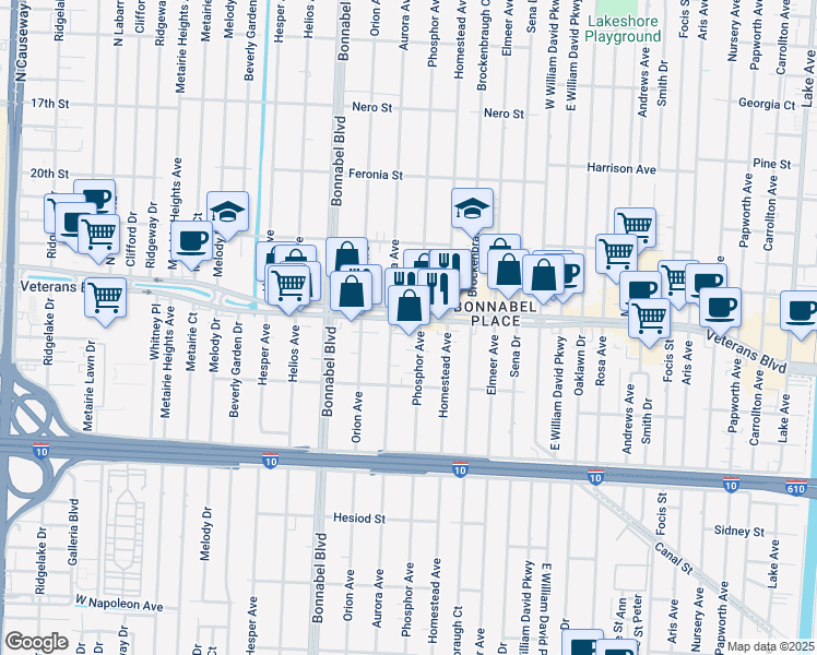 map of restaurants, bars, coffee shops, grocery stores, and more near 1510 Veterans Memorial Boulevard in Metairie