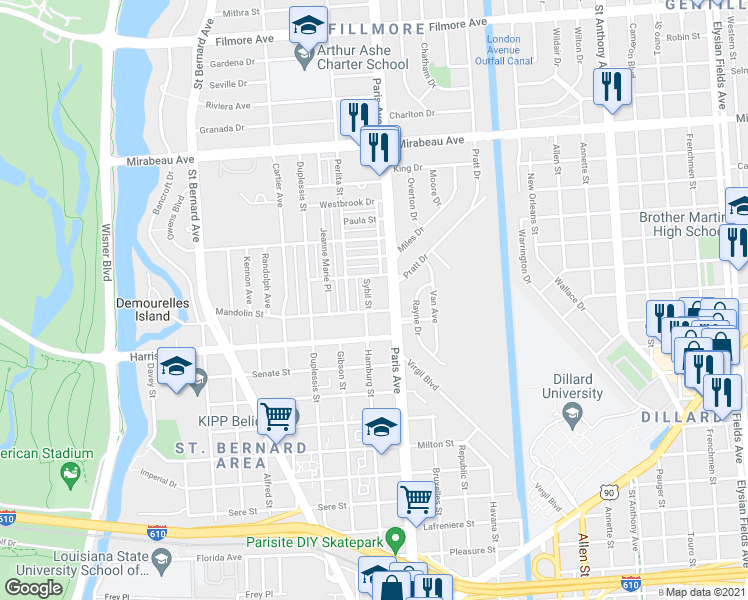 map of restaurants, bars, coffee shops, grocery stores, and more near 4313 Sybil Street in New Orleans