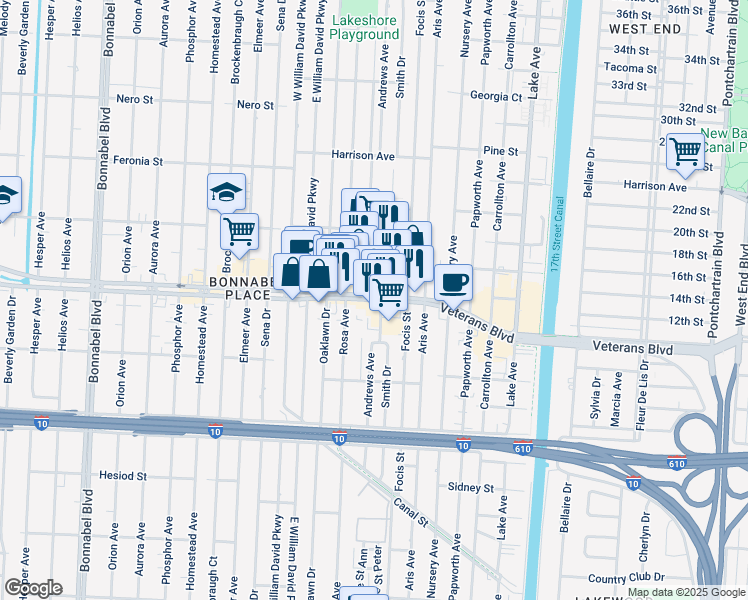 map of restaurants, bars, coffee shops, grocery stores, and more near 730 Veterans Boulevard in Metairie