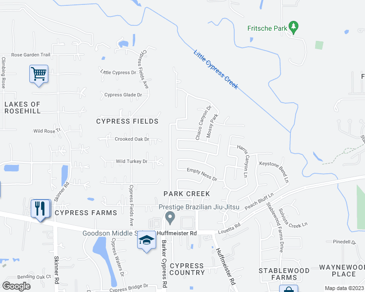 map of restaurants, bars, coffee shops, grocery stores, and more near 16922 Jelly Park Stone Drive in Cypress