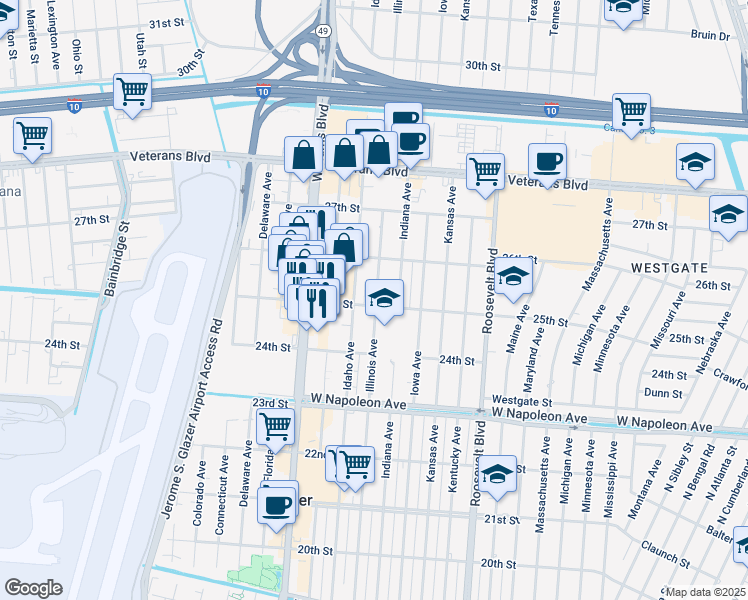 map of restaurants, bars, coffee shops, grocery stores, and more near 2504 Idaho Avenue in Kenner