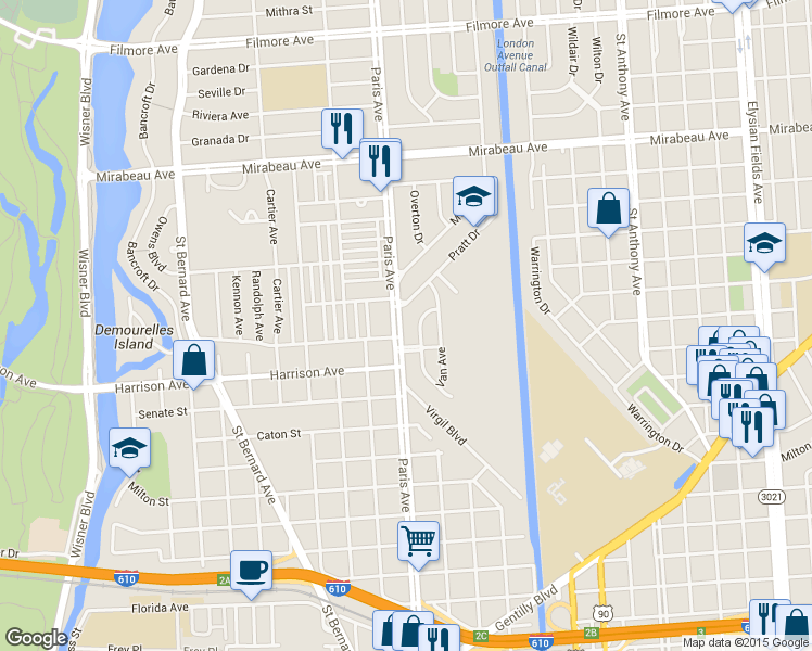 map of restaurants, bars, coffee shops, grocery stores, and more near 4331 Paris Avenue in New Orleans
