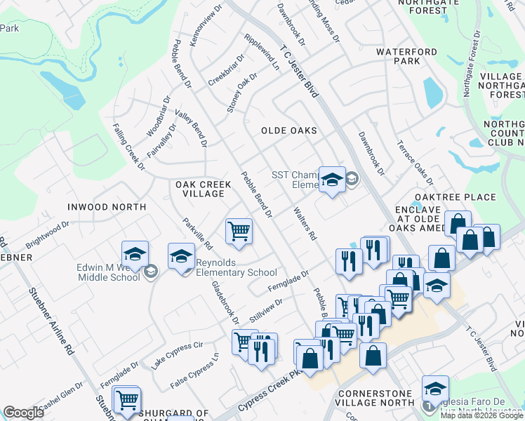 map of restaurants, bars, coffee shops, grocery stores, and more near 15111 Pebble Bend Drive in Houston