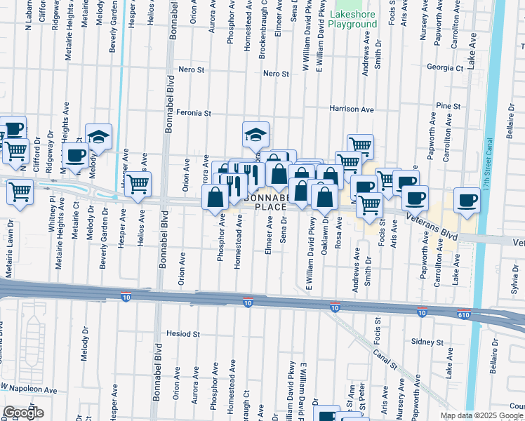 map of restaurants, bars, coffee shops, grocery stores, and more near 1220 Veterans Boulevard in Metairie