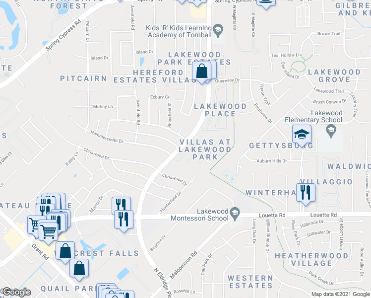 map of restaurants, bars, coffee shops, grocery stores, and more near 15835 Collinsville Drive in Tomball