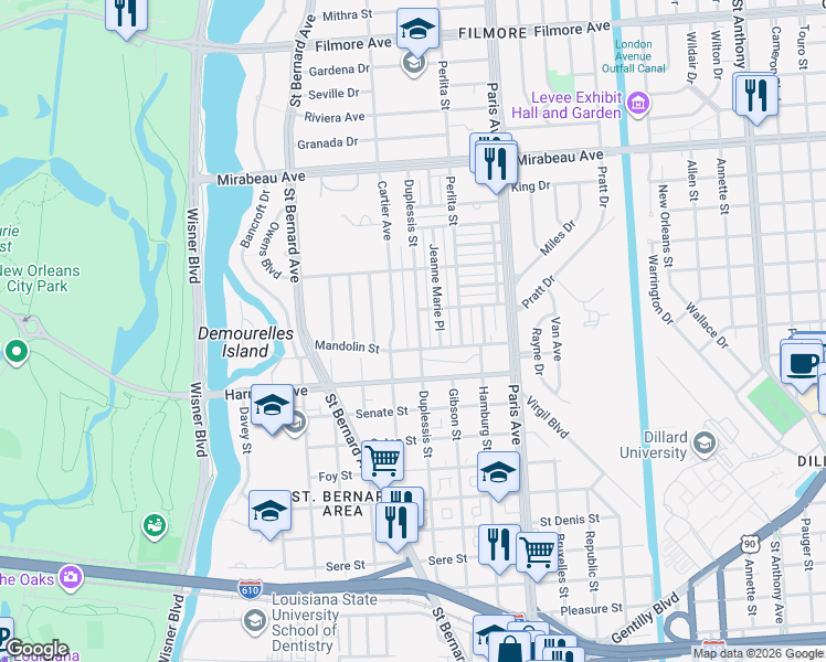 map of restaurants, bars, coffee shops, grocery stores, and more near 4324 Duplessis Street in New Orleans