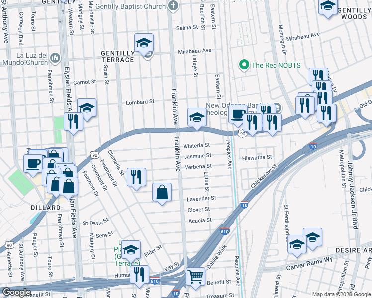 map of restaurants, bars, coffee shops, grocery stores, and more near 2622 Wisteria Street in New Orleans