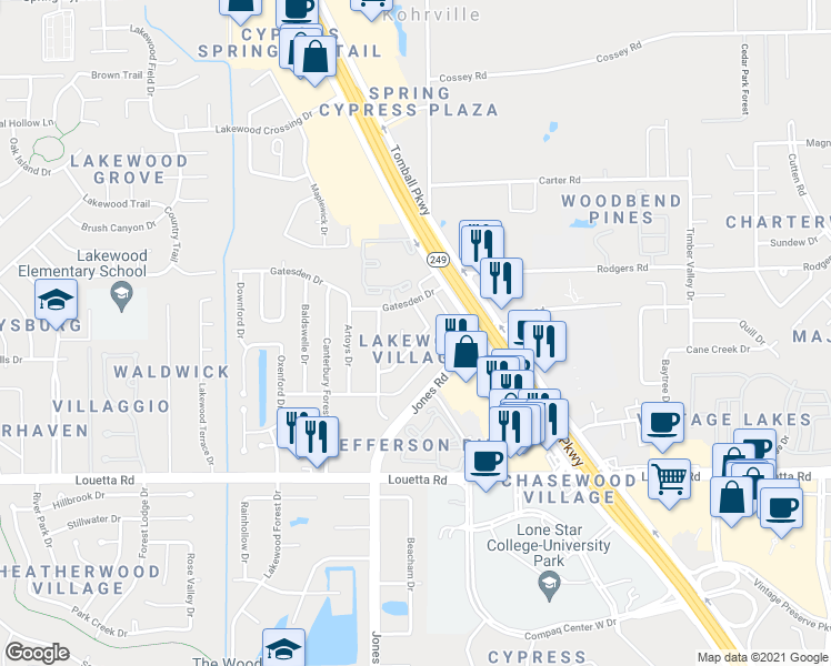 map of restaurants, bars, coffee shops, grocery stores, and more near 11034 Winspring Drive in Tomball