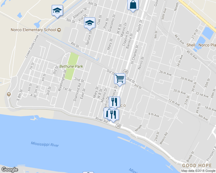 map of restaurants, bars, coffee shops, grocery stores, and more near 215 Clayton Drive in Norco