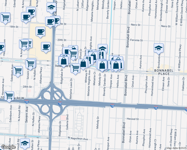 map of restaurants, bars, coffee shops, grocery stores, and more near 2816 Metairie Court in Metairie