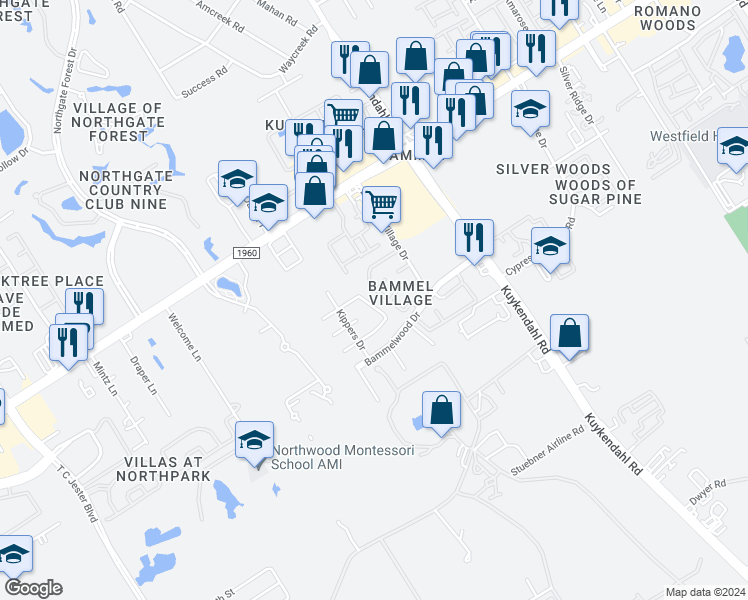 map of restaurants, bars, coffee shops, grocery stores, and more near 15542 Kiplands Bend Drive in Houston