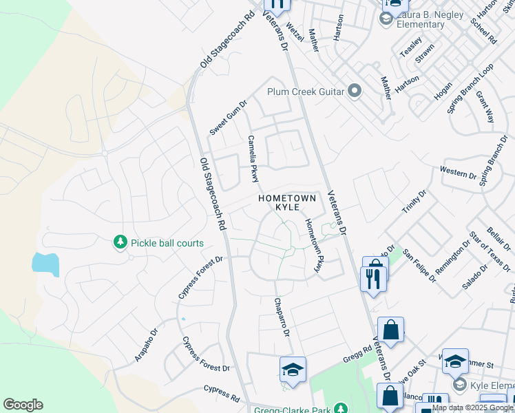 map of restaurants, bars, coffee shops, grocery stores, and more near 113 Spruce Drive in Kyle