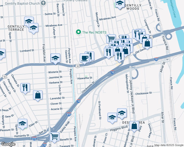 map of restaurants, bars, coffee shops, grocery stores, and more near 4044 Velie Street in New Orleans