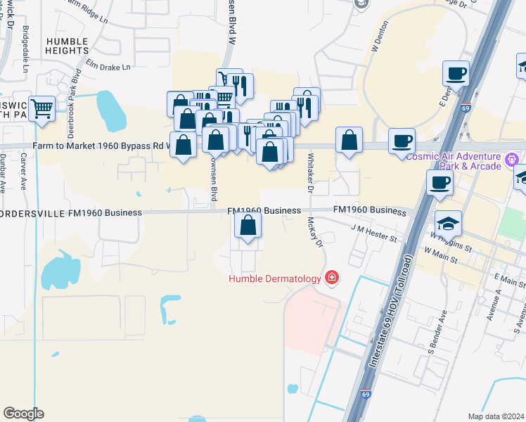 map of restaurants, bars, coffee shops, grocery stores, and more near 9496 Humble Westfield Road in Humble