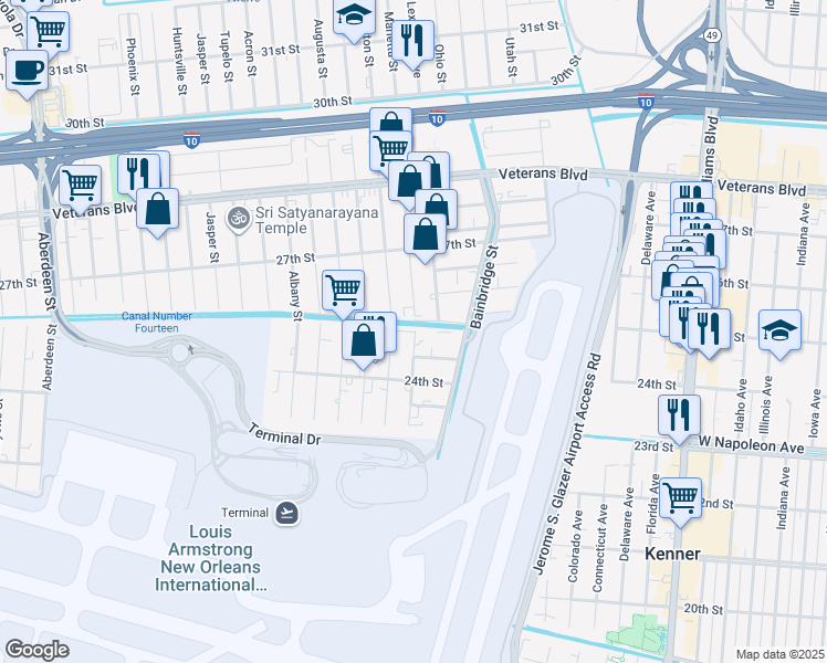 map of restaurants, bars, coffee shops, grocery stores, and more near 2443 Marietta Street in Kenner