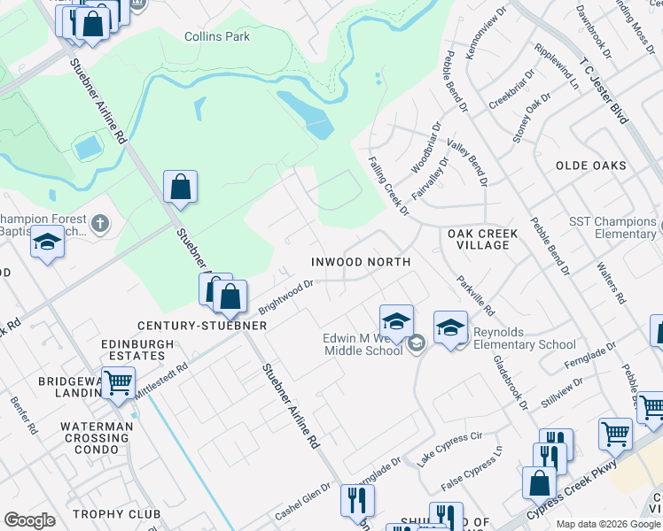map of restaurants, bars, coffee shops, grocery stores, and more near 15510 Misty Hollow Drive in Houston