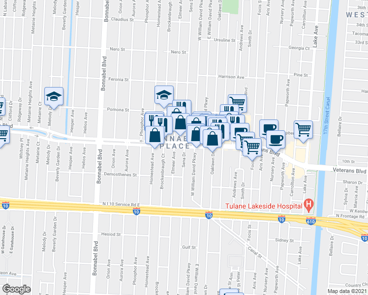 map of restaurants, bars, coffee shops, grocery stores, and more near 598 Sena Drive in Metairie