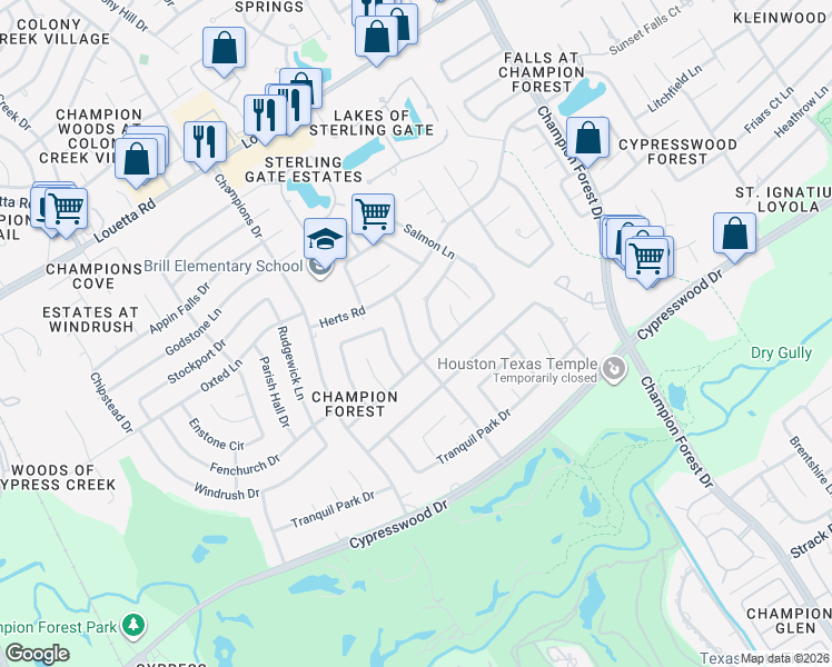 map of restaurants, bars, coffee shops, grocery stores, and more near 16104 Maplehurst Drive in Spring