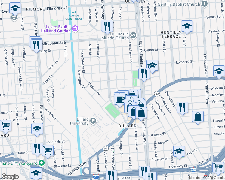 map of restaurants, bars, coffee shops, grocery stores, and more near 4233 Pauger Street in New Orleans