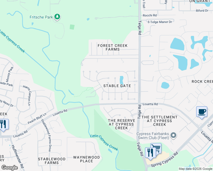 map of restaurants, bars, coffee shops, grocery stores, and more near 15514 Stable Park Drive in Cypress