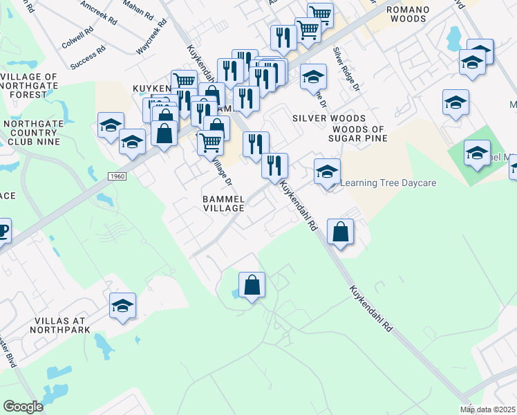 map of restaurants, bars, coffee shops, grocery stores, and more near 2331 Bammelwood Drive in Houston