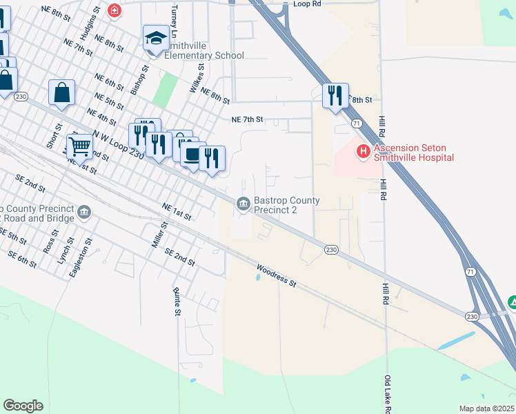 map of restaurants, bars, coffee shops, grocery stores, and more near 100 Bluebonnet Circle in Smithville