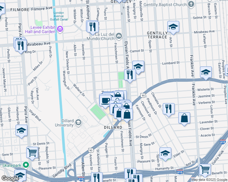 map of restaurants, bars, coffee shops, grocery stores, and more near 4231 Touro Street in New Orleans