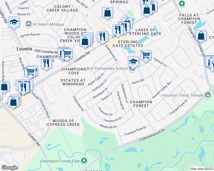 map of restaurants, bars, coffee shops, grocery stores, and more near 9414 Stockport Drive in Spring