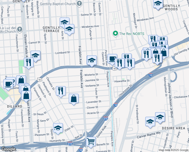 map of restaurants, bars, coffee shops, grocery stores, and more near 2682 Wisteria Street in New Orleans