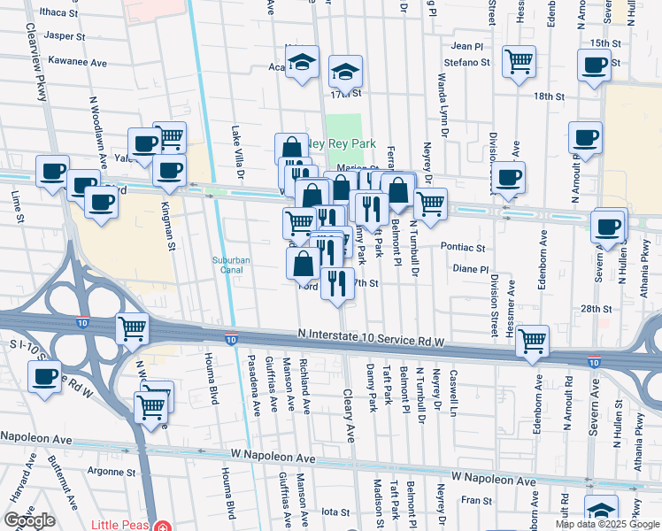map of restaurants, bars, coffee shops, grocery stores, and more near 3100 Cleary Avenue in Metairie