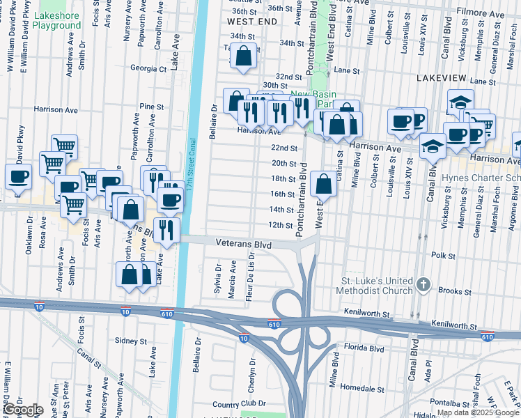 map of restaurants, bars, coffee shops, grocery stores, and more near 244 14th Street in New Orleans