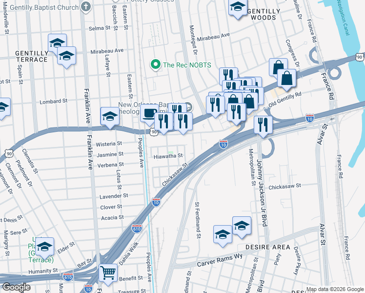 map of restaurants, bars, coffee shops, grocery stores, and more near 4044 Velie Street in New Orleans