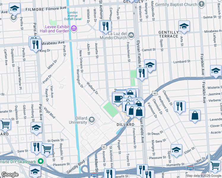 map of restaurants, bars, coffee shops, grocery stores, and more near 4233 Pauger Street in New Orleans