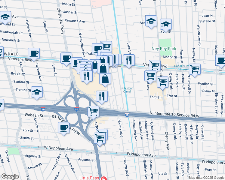 map of restaurants, bars, coffee shops, grocery stores, and more near 2917 Kingman Street in Metairie