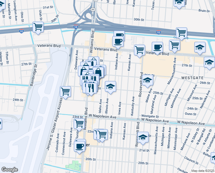 map of restaurants, bars, coffee shops, grocery stores, and more near 2504 Idaho Avenue in Kenner