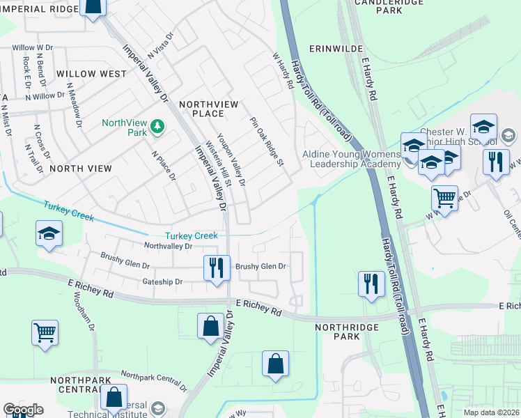 map of restaurants, bars, coffee shops, grocery stores, and more near 1106 Piedmont Creek Trail in Houston