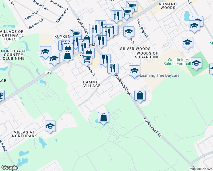 map of restaurants, bars, coffee shops, grocery stores, and more near 19 Bammelwood Drive in Houston