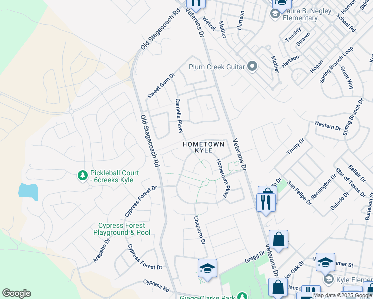 map of restaurants, bars, coffee shops, grocery stores, and more near 113 Spruce Drive in Kyle