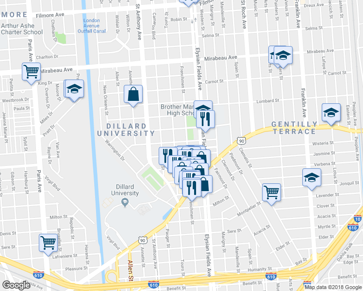 map of restaurants, bars, coffee shops, grocery stores, and more near 2114 Mandolin Street in New Orleans