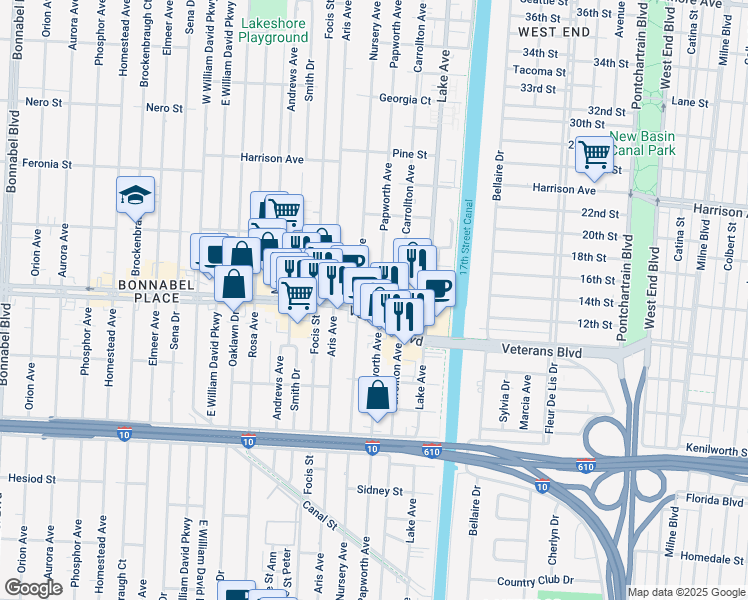 map of restaurants, bars, coffee shops, grocery stores, and more near in Metairie