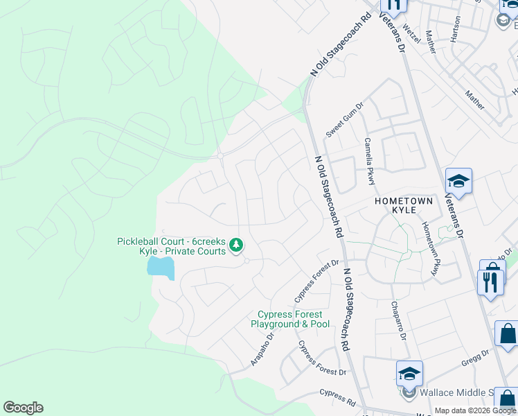 map of restaurants, bars, coffee shops, grocery stores, and more near Coyote Creek Way in Kyle