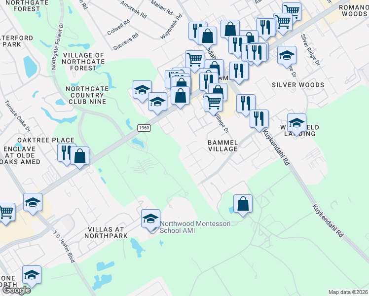 map of restaurants, bars, coffee shops, grocery stores, and more near 15623 Kippers Drive in Houston